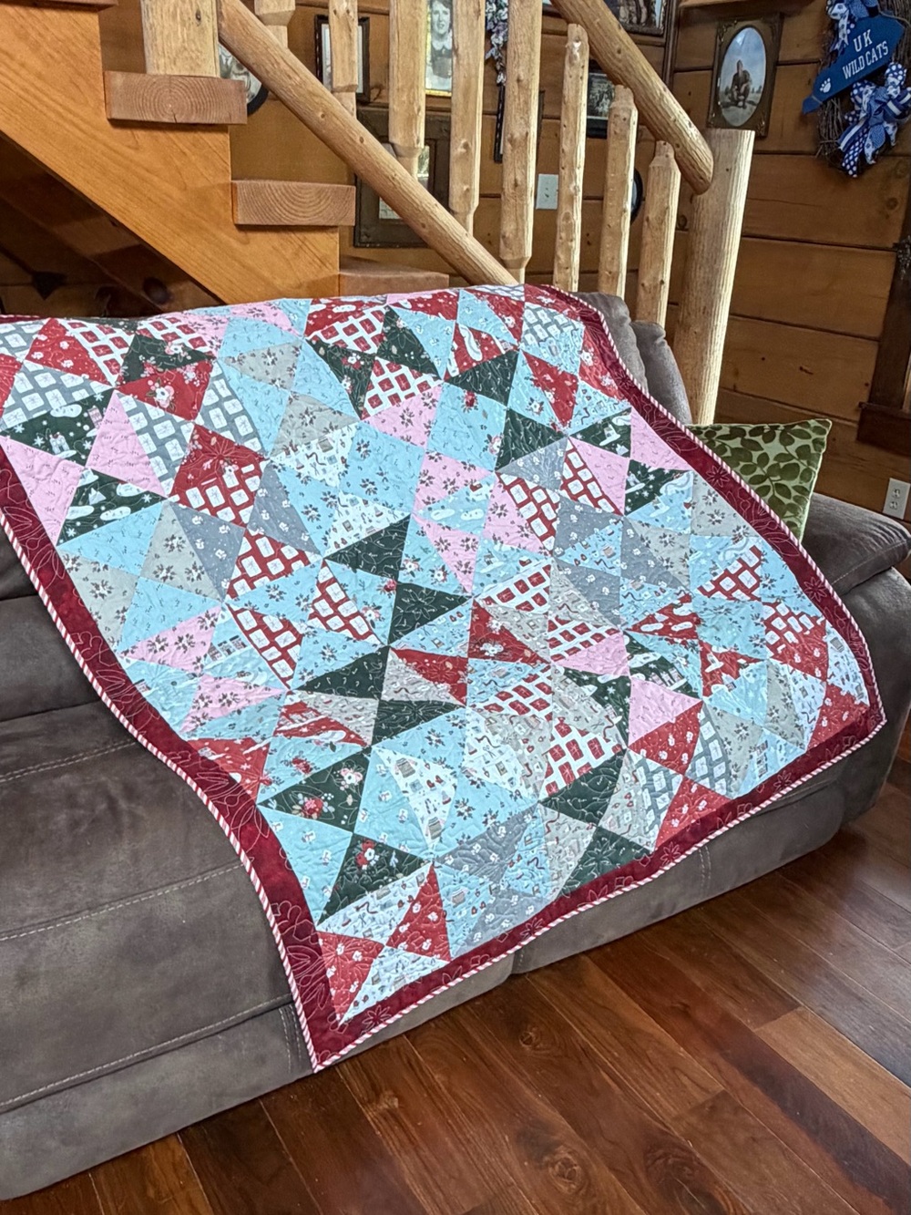 Vintage-Inspired Patchwork Quilt Throw in Red, Blue, Pink, Green